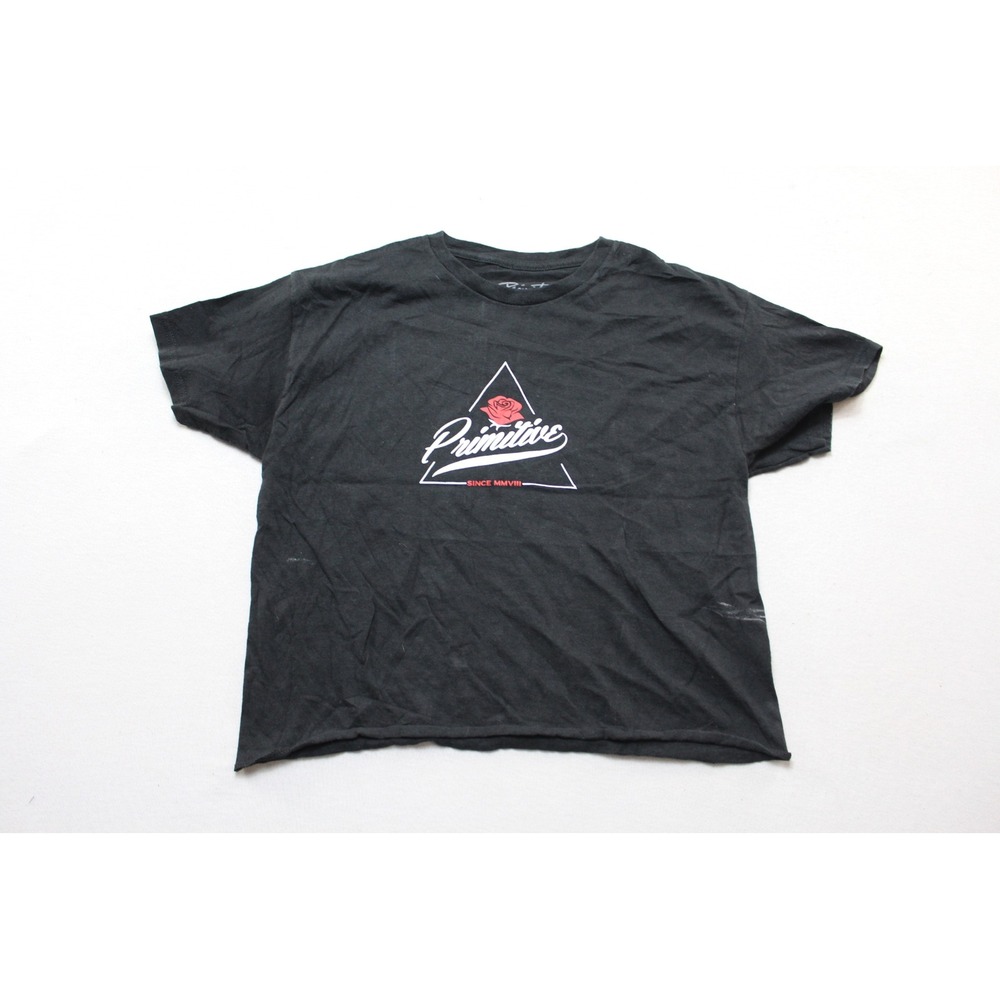 Primitive T-Shirt Mens Small Black Good Cropped Raw Hem Rose Logo Graphic Tee